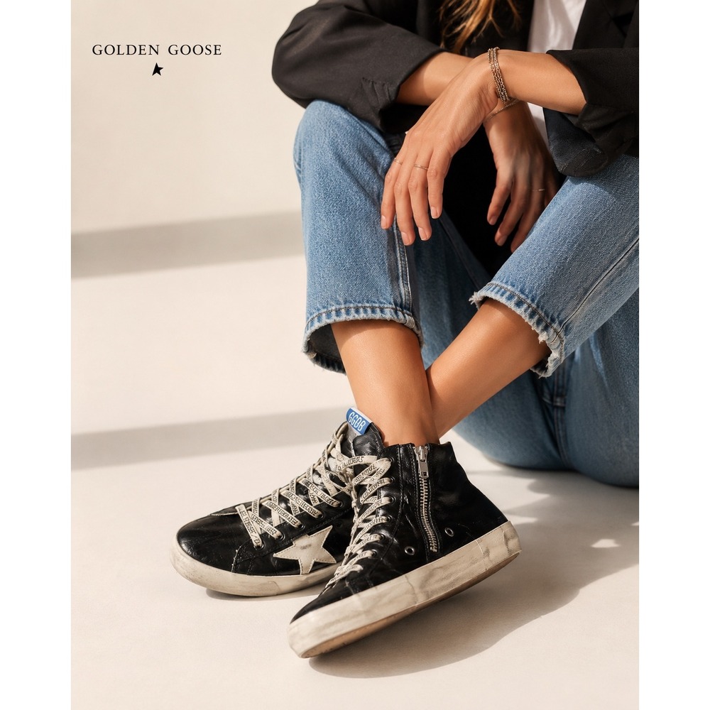 Golden Goose Francy Black Distressed Leather High Top Sneakers size 6 Star Patch
